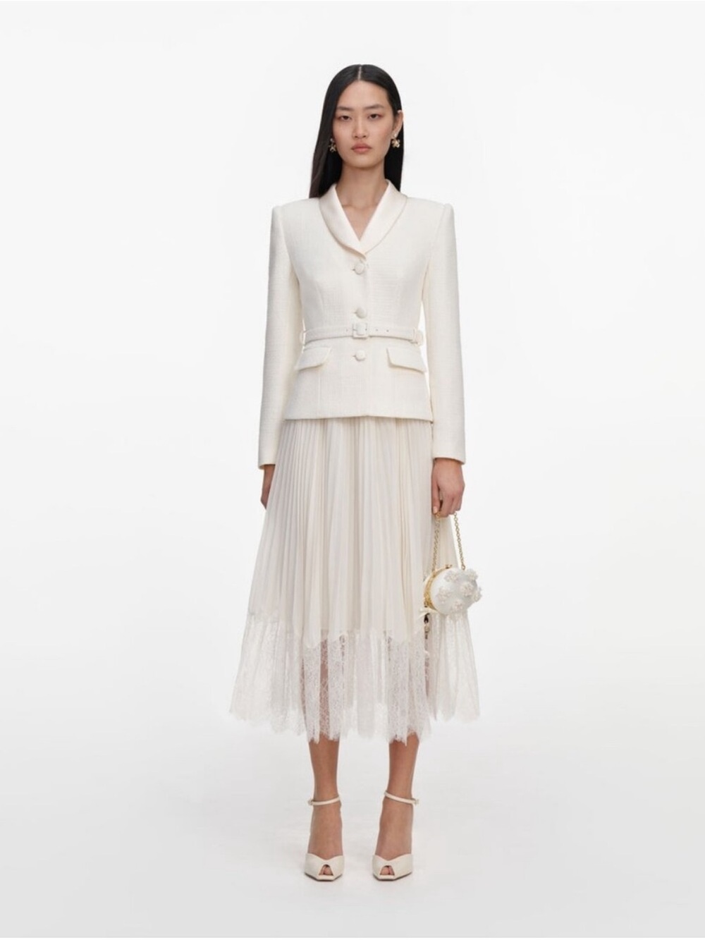 Self Portrait Cream Boucle Shawl Collared Midi Dress